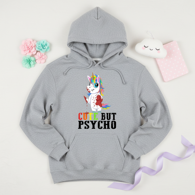 gray cute but psycho hoodie - flat-lay