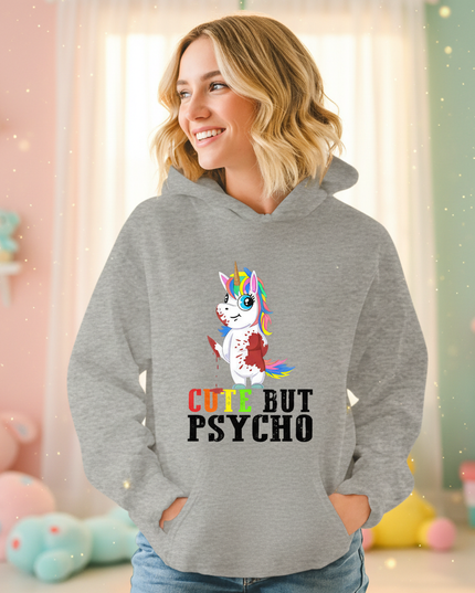 gray cute but psycho hoodie - in-use