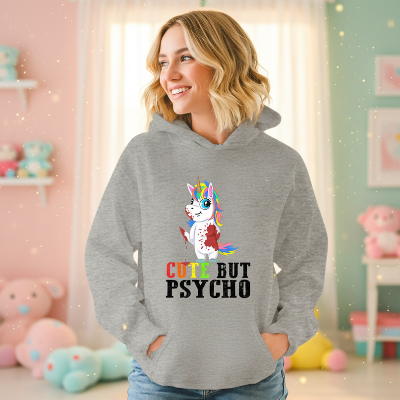 gray cute but psycho hoodie - in-use