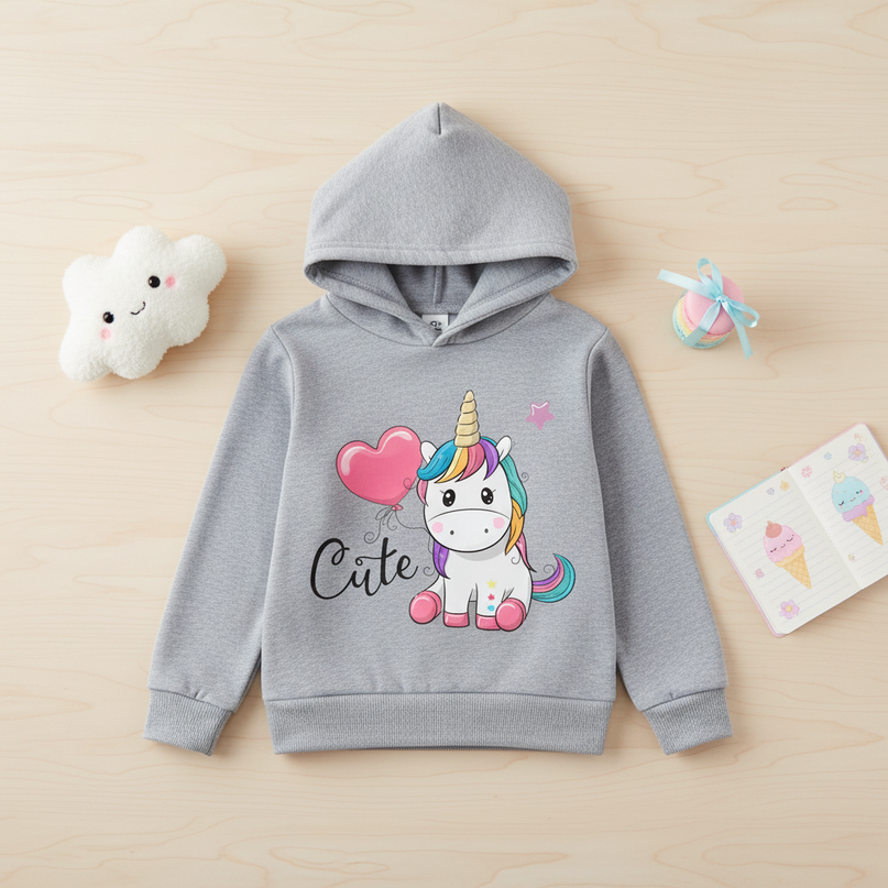 gray cute unicorn hoodie children - flat-lay