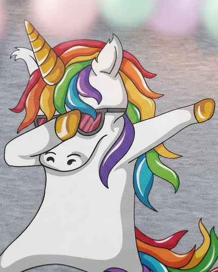 gray dabbing unicorn kids hoodie - detail