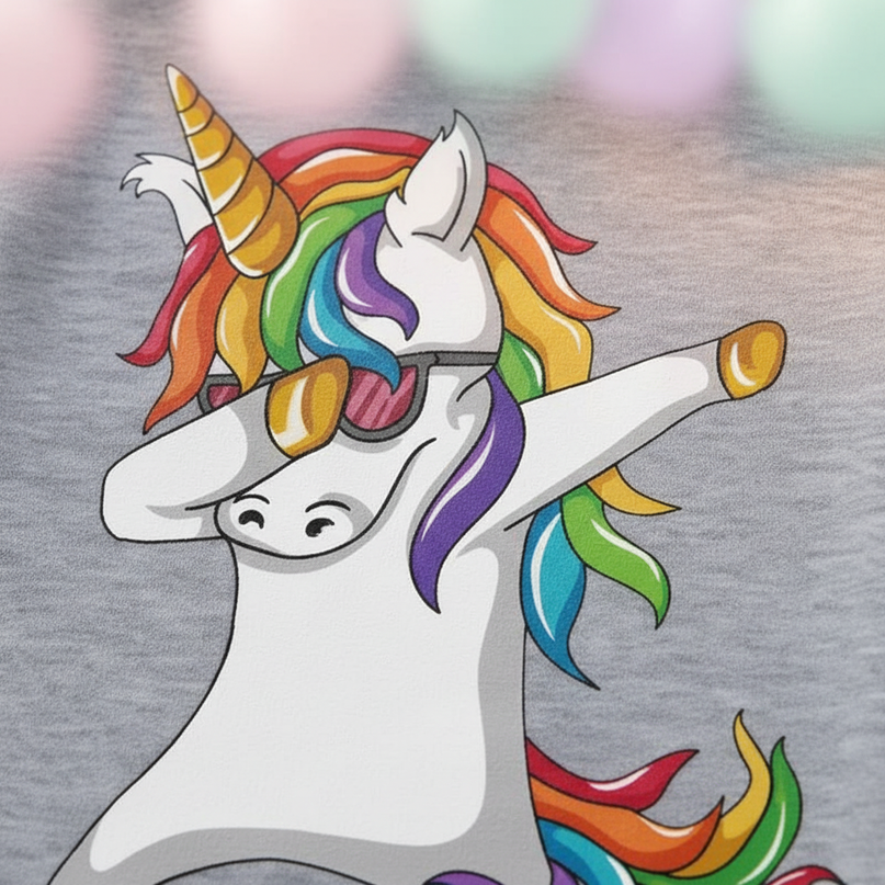 gray dabbing unicorn kids hoodie - detail