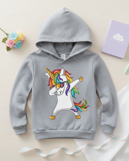 gray dabbing unicorn kids hoodie - flat-lay
