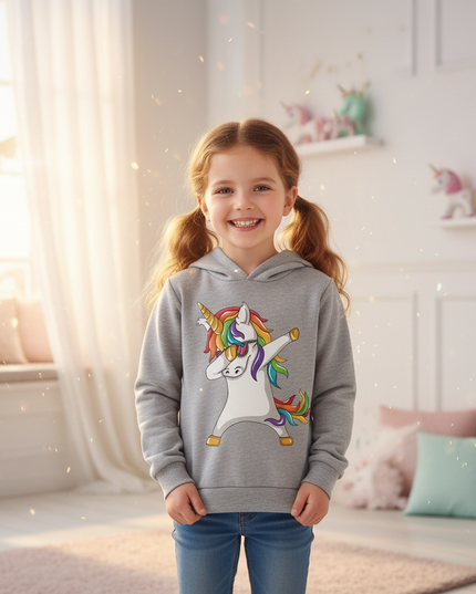 gray dabbing unicorn kids hoodie - in-use