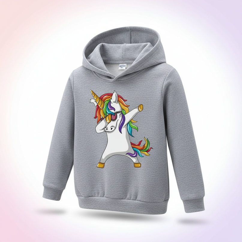 gray dabbing unicorn kids hoodie - white-bg