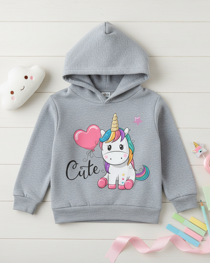 gray unicorn balloon hoodie kids - flat-lay