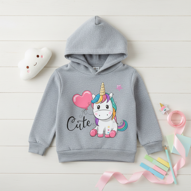 gray unicorn balloon hoodie kids - flat-lay