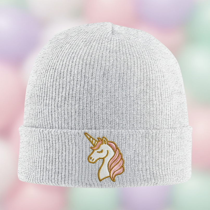 gray unicorn beanie - detail