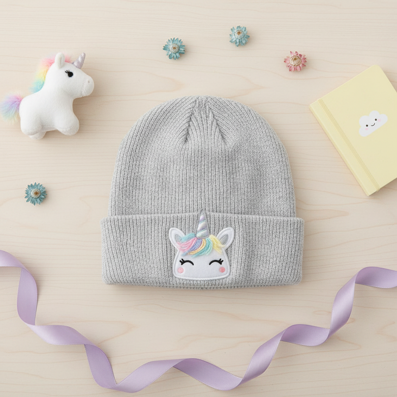 gray unicorn beanie - flat-lay