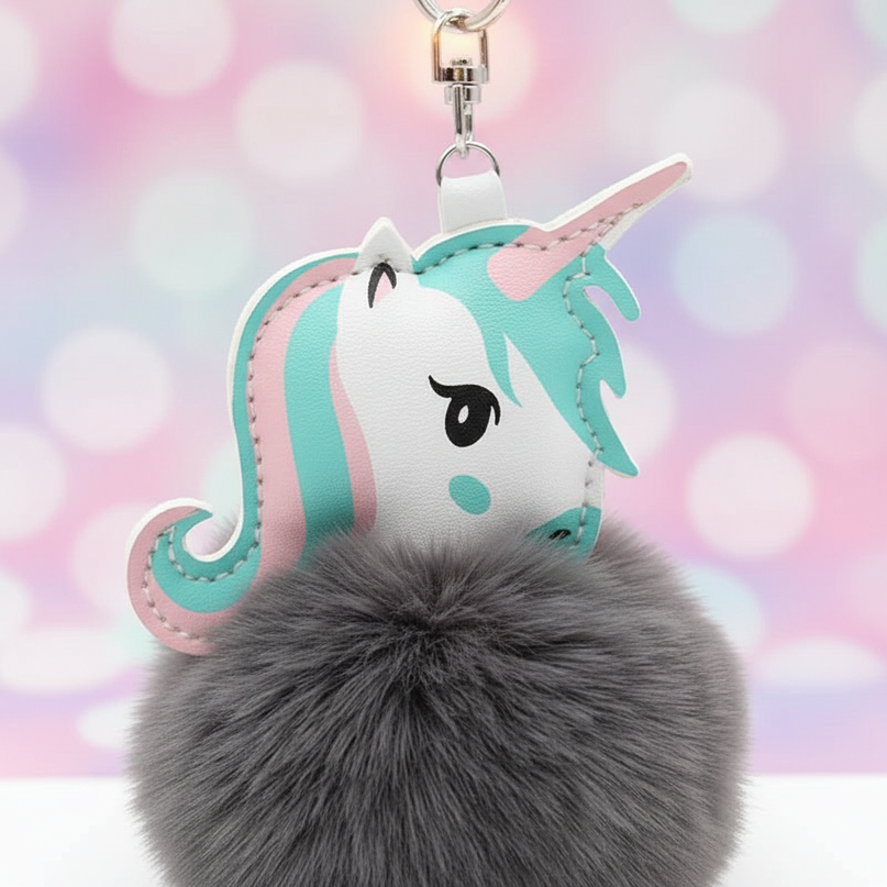 gray unicorn keychain - detail