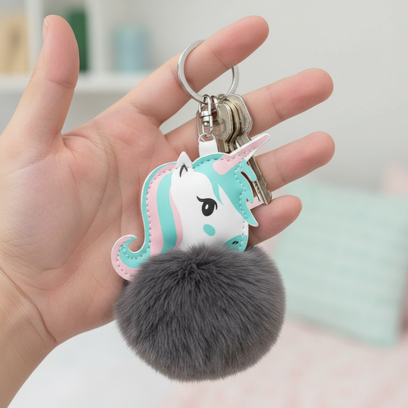 gray unicorn keychain - in-use