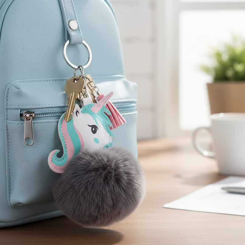 gray unicorn keychain - lifestyle