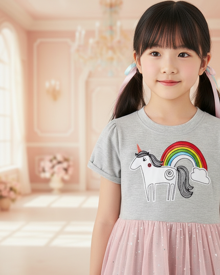 gray unicorn rainbow applique dress - detail