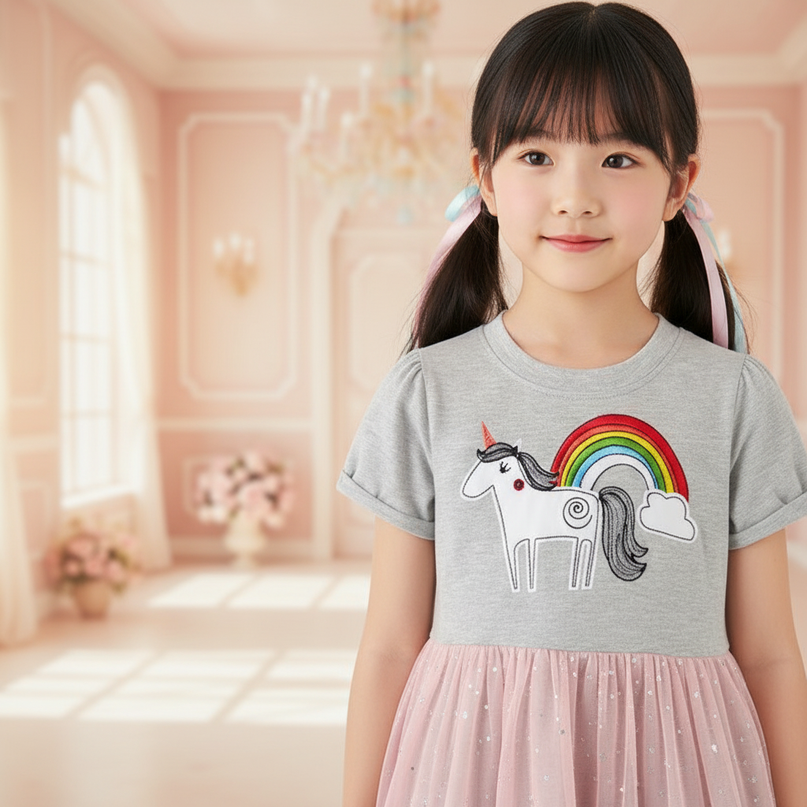 gray unicorn rainbow applique dress - detail