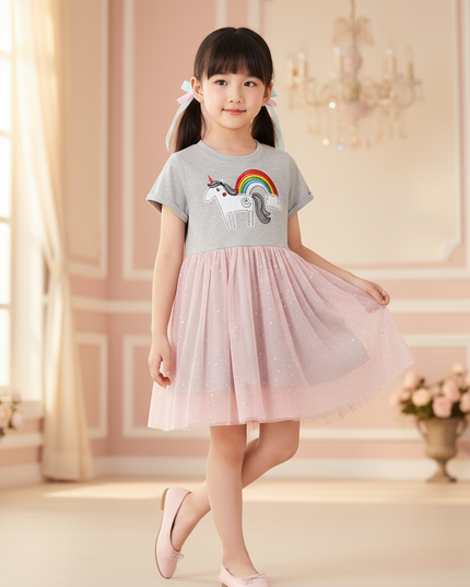 gray unicorn rainbow applique dress - front