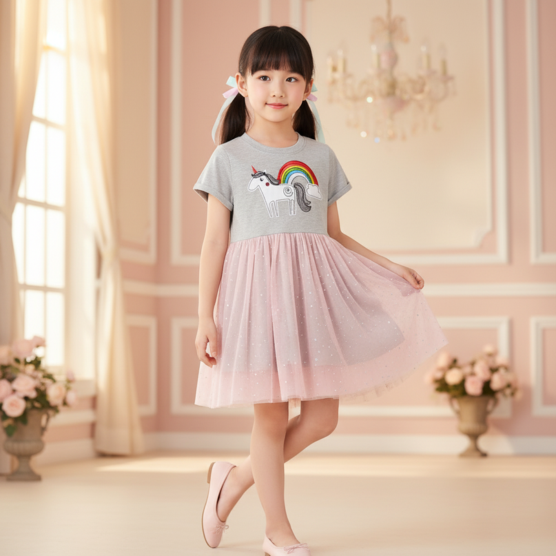 gray unicorn rainbow applique dress - front