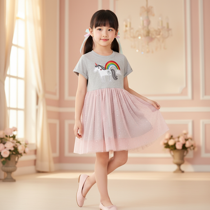 gray unicorn rainbow applique dress - front