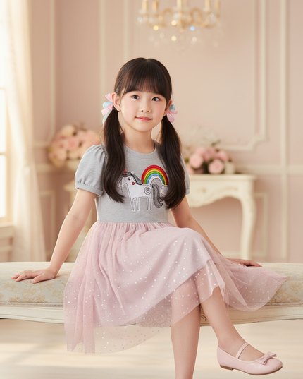 gray unicorn rainbow applique dress - sitting