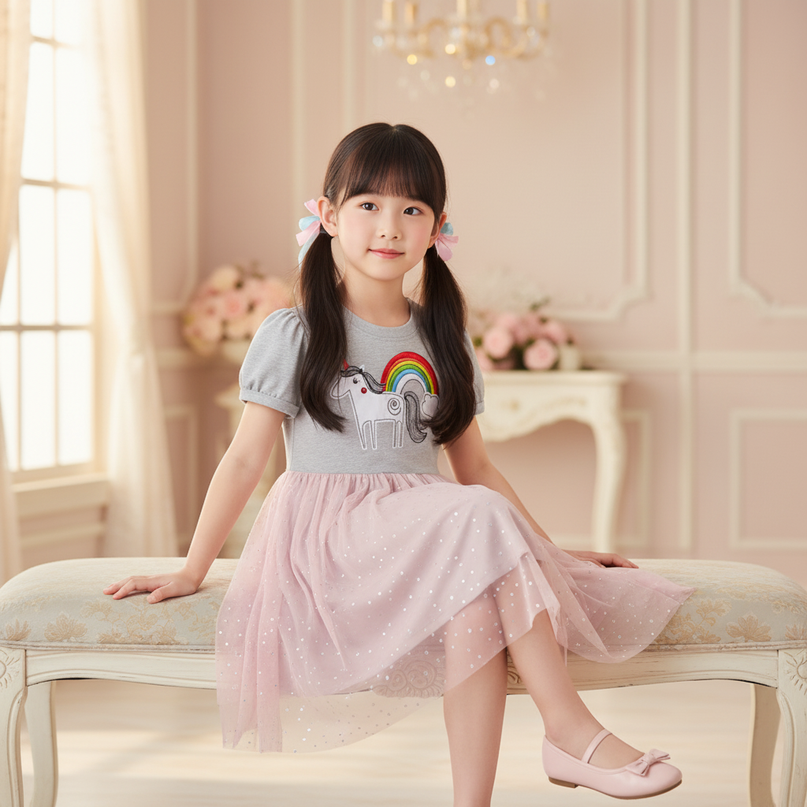 gray unicorn rainbow applique dress - sitting