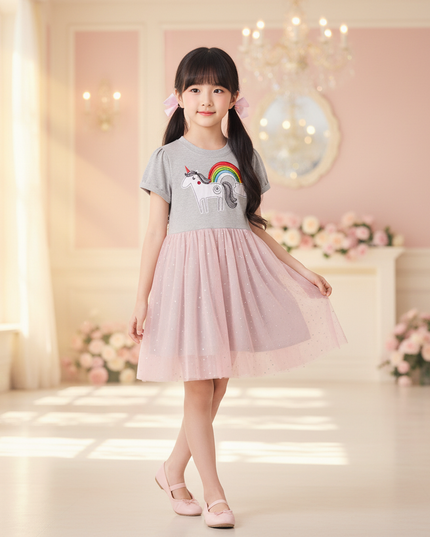 gray unicorn rainbow applique dress - three-quarter