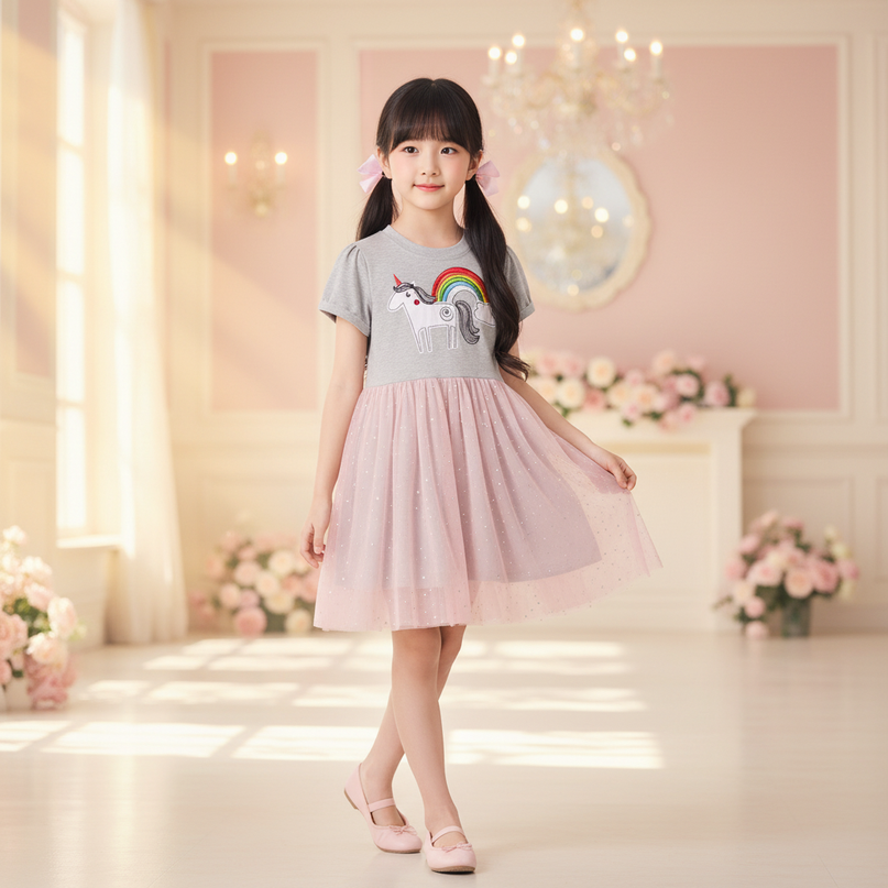 gray unicorn rainbow applique dress - three-quarter
