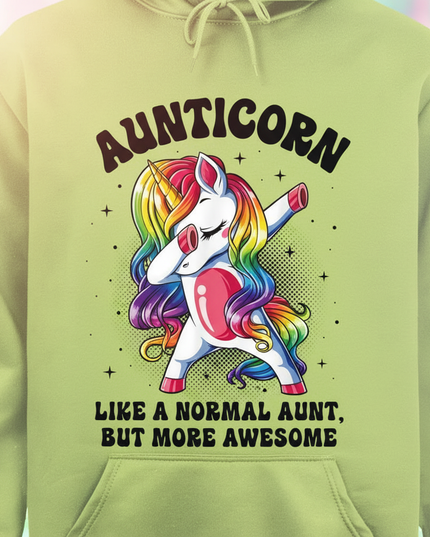green aunt unicorn hoodie - detail