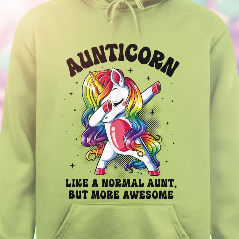 green aunt unicorn hoodie - detail