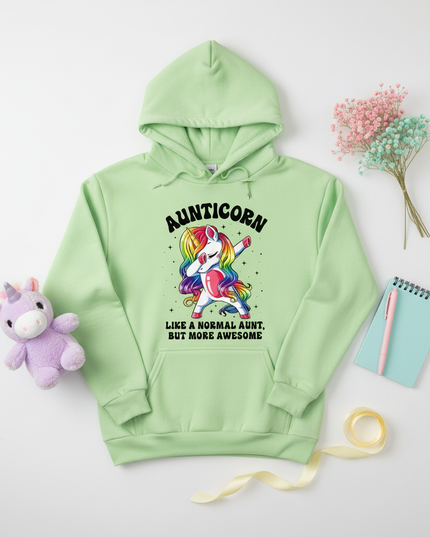 green aunt unicorn hoodie - flat-lay