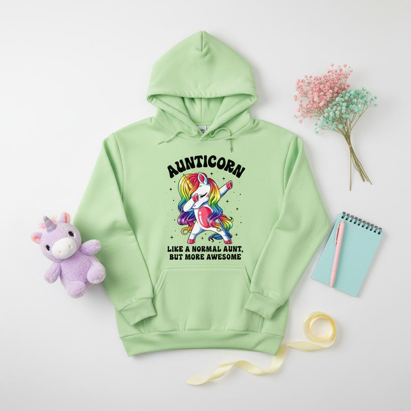green aunt unicorn hoodie - flat-lay