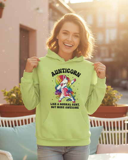 green aunt unicorn hoodie - in-use