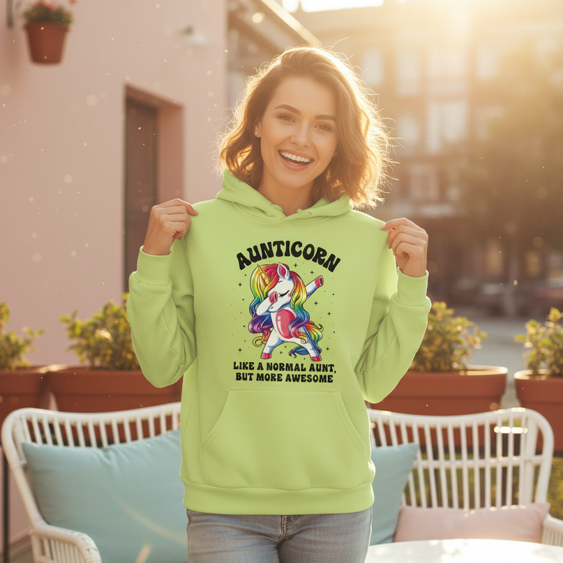 green aunt unicorn hoodie - in-use