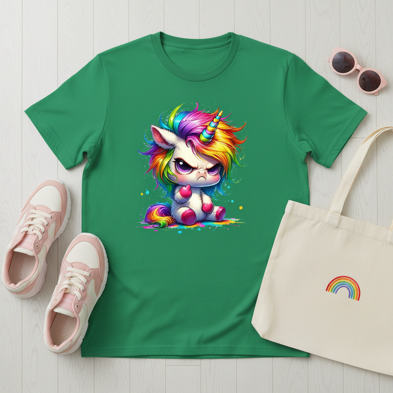green cartoon unicorn shirt - flat-lay
