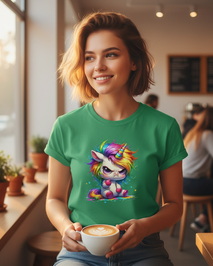green cartoon unicorn shirt - in-use