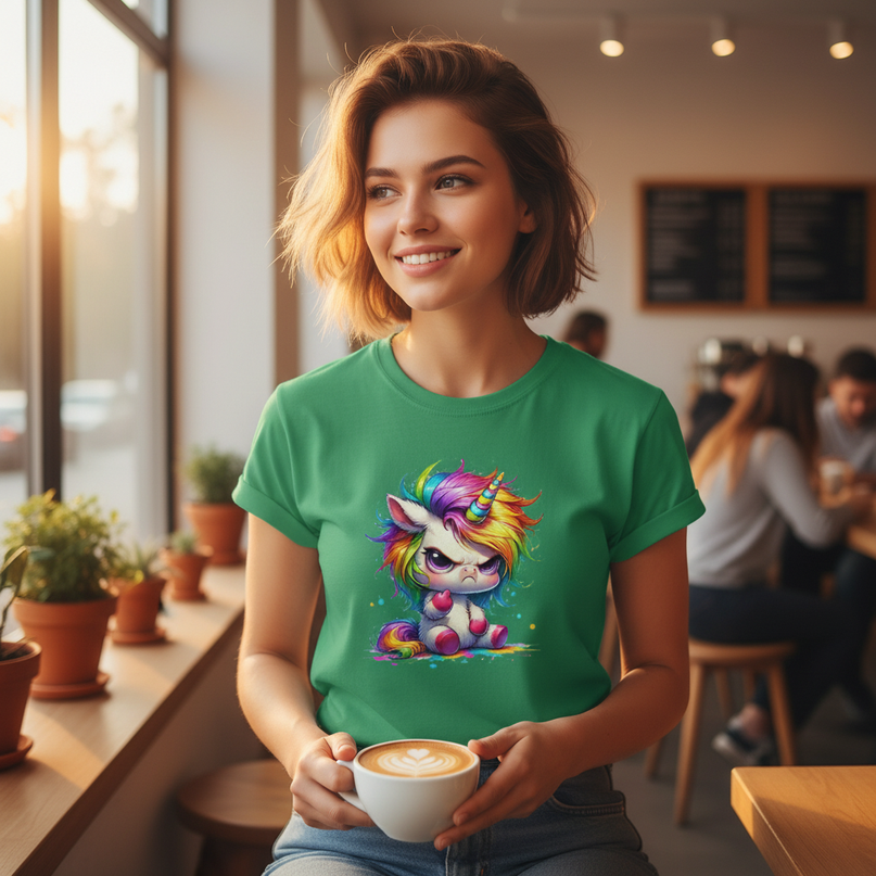 green cartoon unicorn shirt - in-use