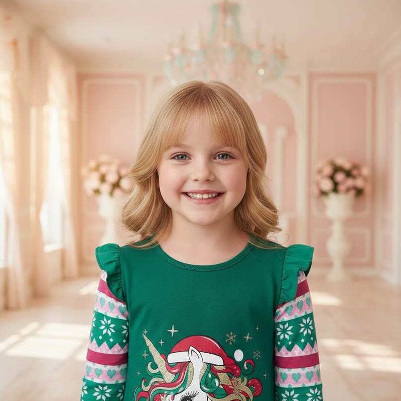 green unicorn christmas dress - detail