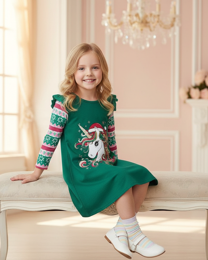 green unicorn christmas dress - sitting