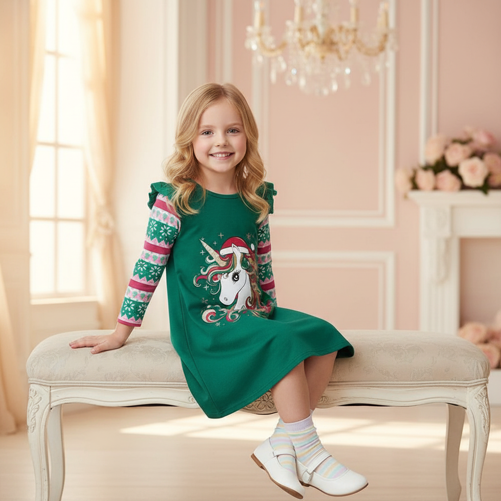 Green Unicorn Christmas Dress - Snowflake Casual Girls Kawaii Unicorn Green Unicorn Christmas Dress - Snowflake Casual Girls Kawaii Unicorn
