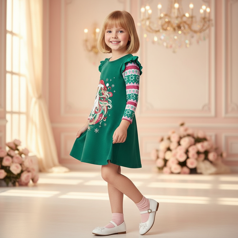 green unicorn christmas dress - three-quarter