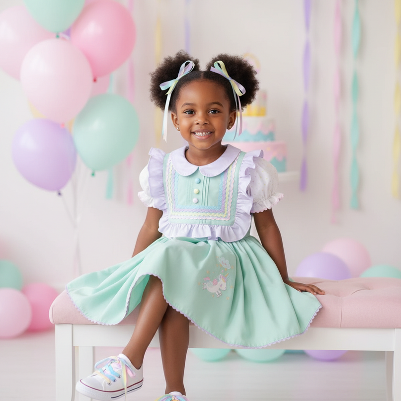 green unicorn dress - sitting