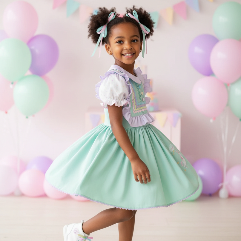 green unicorn dress - three-quarter