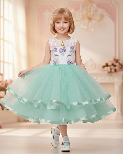 green unicorn flower ball gown dress - front