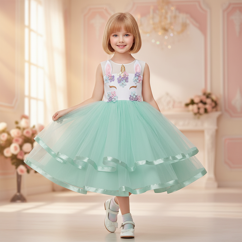 green unicorn flower ball gown dress - front