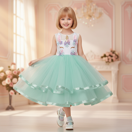 green unicorn flower ball gown dress - front