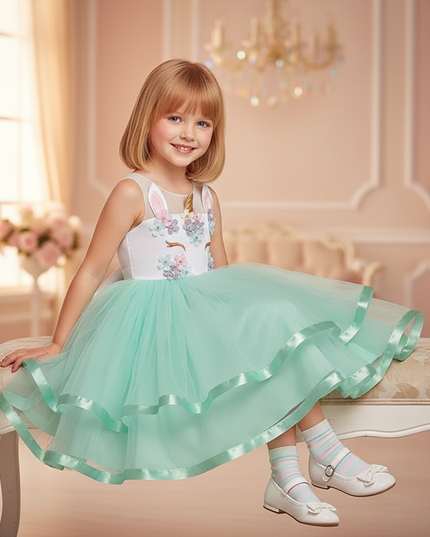 green unicorn flower ball gown dress - sitting