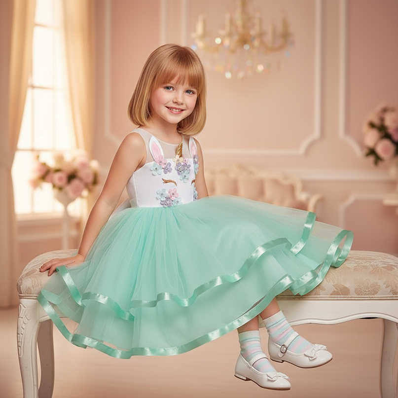 green unicorn flower ball gown dress - sitting