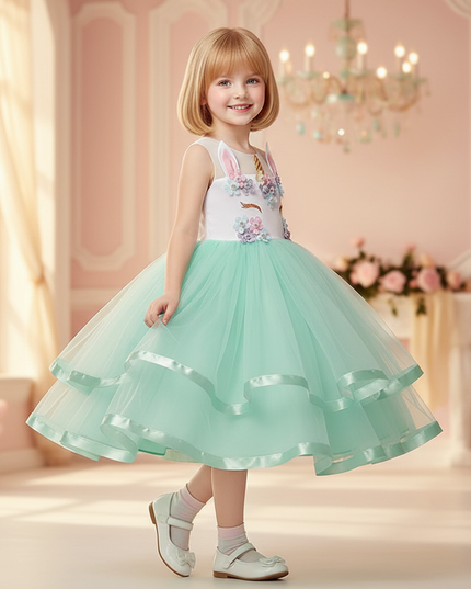 green unicorn flower ball gown dress - three-quarter