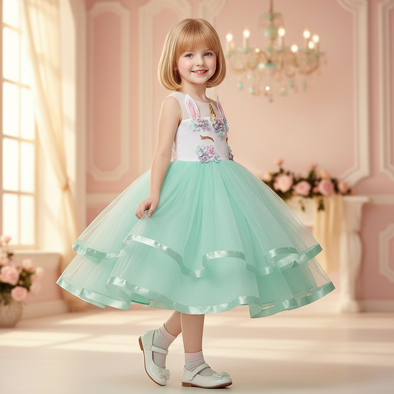 green unicorn flower ball gown dress - three-quarter