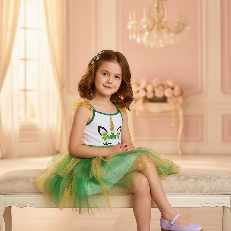 green unicorn glitter tutu dress - sitting