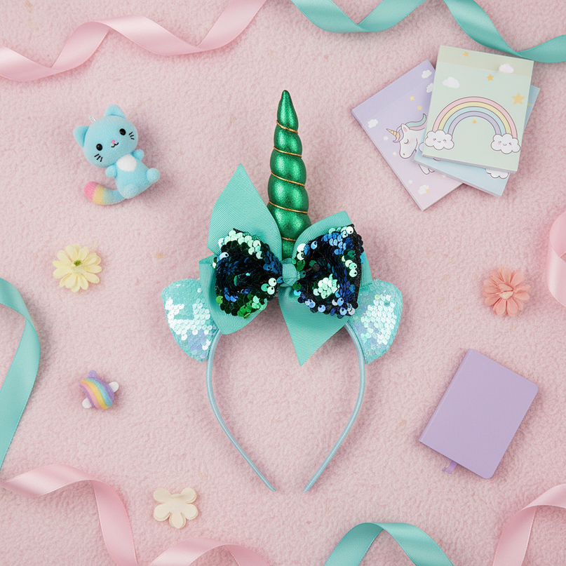 green unicorn headband for kids - flat-lay