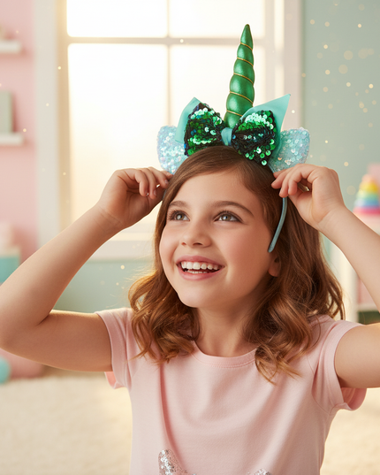 green unicorn headband for kids - in-use